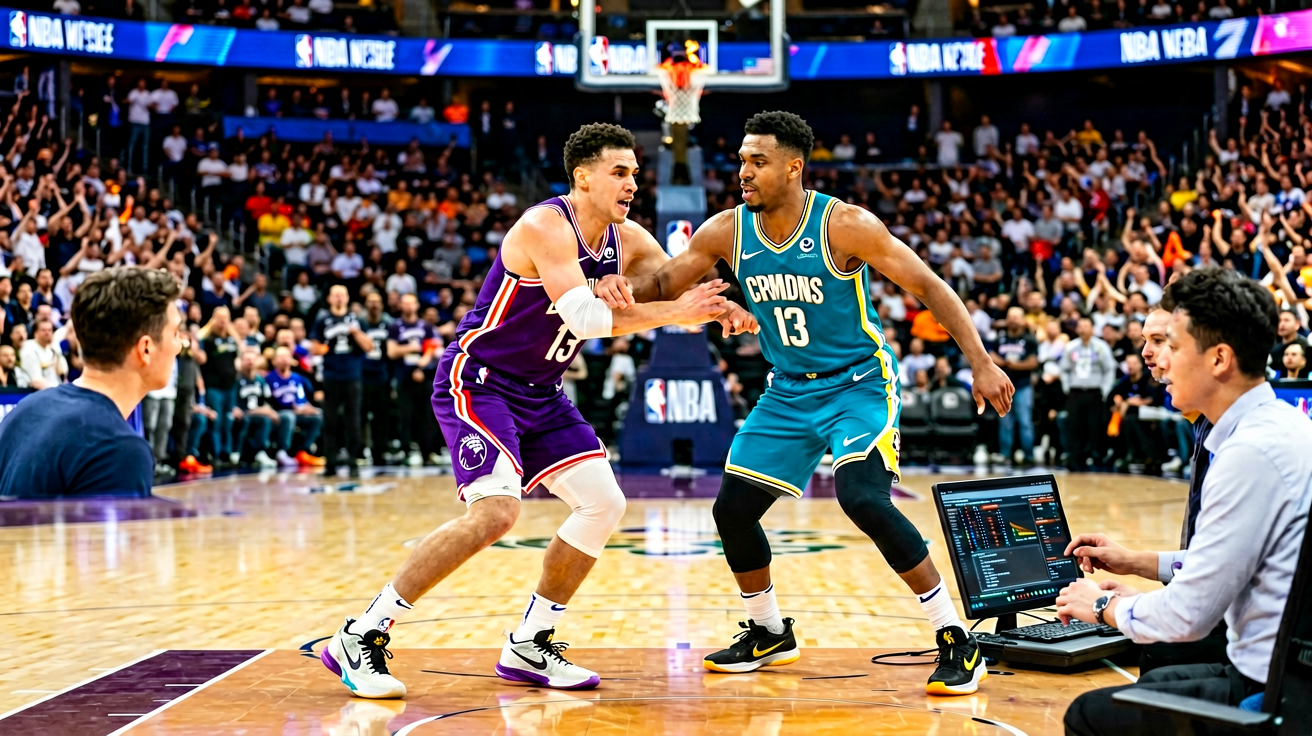 NBA篮球比赛，球员在球场上运球突破